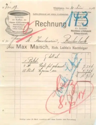 Göppingen Kaffeerösterei Max Maisch Briefkopf 1914