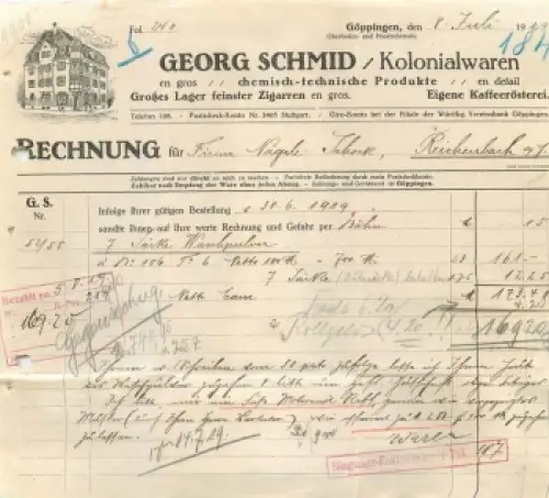 Göppingen Kolonialwaren Georg Schmid Briefkopf 1919