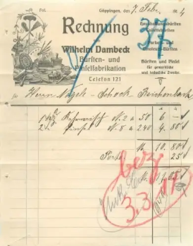 Göppingen Bürsten und Pinselfabrik Wilhelm Dambeck Briefkopf 1914