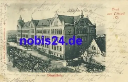 07381 Pößneck Bürgerschule Prägekarte o 1900