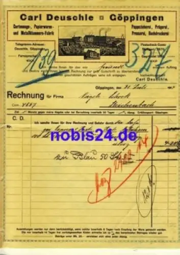 Göppingen Kartonfabrik Carl Deuschle Briefkopf 1914