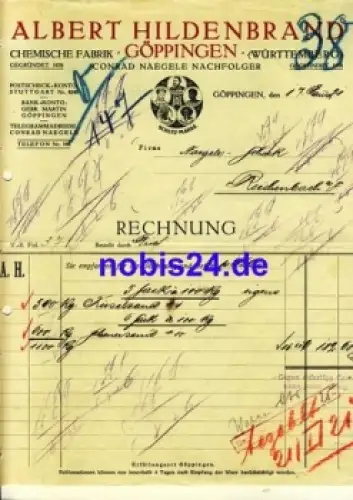 Göppingen Chemische Fabrik Albert Hildenbrand Briefkopf 1921