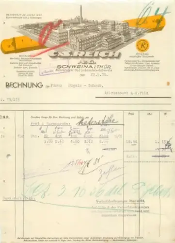 36448 Schweina Bad Liebenstein Firma C.S. Reich A.G. Briefkopf mit Fabrikansicht 1936