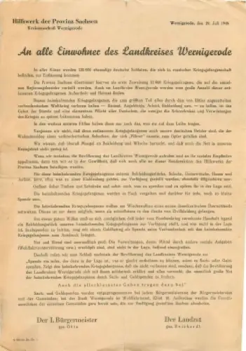 Wernigerode Hilfswerk der Provinz Sachsen Betreff Kriegsgefangene 29.7.1946