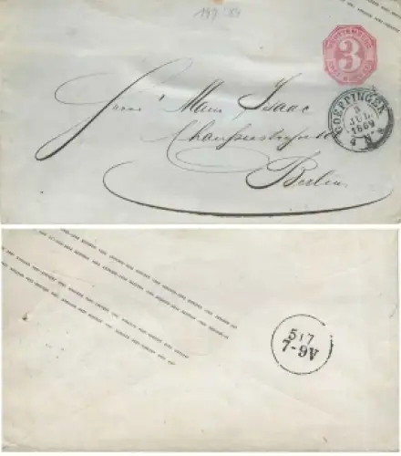 Württemberg Ganzsachenumschlag 3 Kreuzer gestempelt Göppingen 3.7.1869 nach Berlin