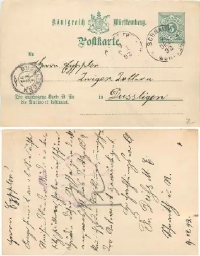 Württemberg 5 Pfennig Ganzsache Antwortteil von Schnaith nach Dusslingen o 9.12.1892