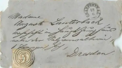 Turn und Taxis 9 Kreuzer auf Briefvorderseite Vierkreisstempel 254 Gräfenthal 18.6. nach Dresden