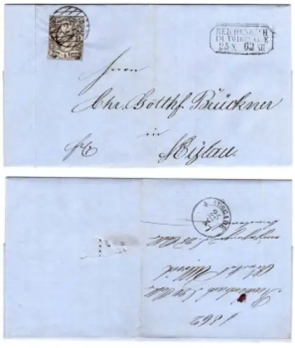 Sachsen NMi.Nr. 8 Typ II 1/2 Neugroschen auf Brief Zweikreisrautenstempel 22 Reichenbach Vogtland 25.10.1862 nach Myhlau