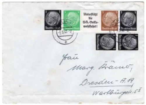 Deutsches Reich Zusammendruck W72 Unterstützt die NS-Volkswohlfahrt auf Brief o Berlin 1.9.1942