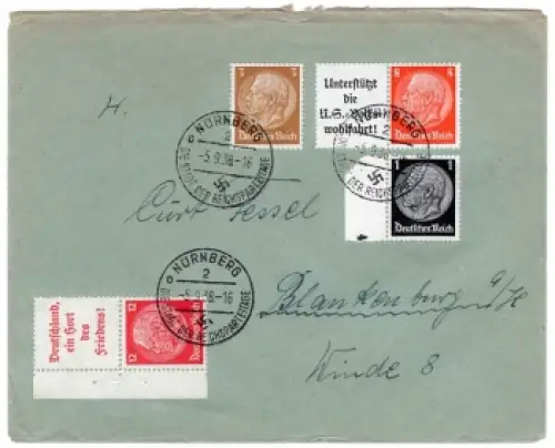 Deutsches Reich Zusammendruck aus Markenheftchen W63 und S143 auf Brief o Nürnberg 5.9.1938
