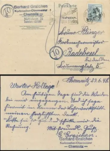 SBZ Bezirkshandstempel 41 Chemnitz auf 12 Pfennig Postkarte o (10b) Chemnitz 29.6.1948 nach Radebeul