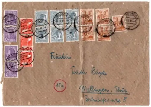 Zehnfachfrankatur Allierte Besetzungen Kontrollratsausgabe auf Brief o Gera 3.7.1949 nach Mellingen
