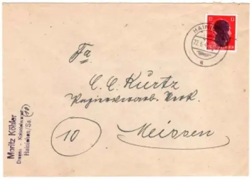 Hainichen Sächsische Schwärzung 12 Pfennig Hilter auf Brief o Hainichen 22.6.1945 nach Meissen
