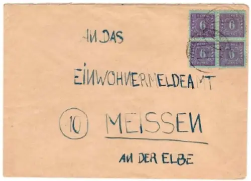 SBZ Mecklenburg Vorpommern Michel 10 vierer Block auf Brief von Warnemünde 1946 nach Meissen