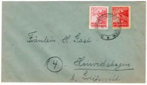SBZ Mecklenburg Vorpommern Michel 36x 36y auf Brief o Dettmannsdorf 30.3.1946 nach Hinrichshagen
