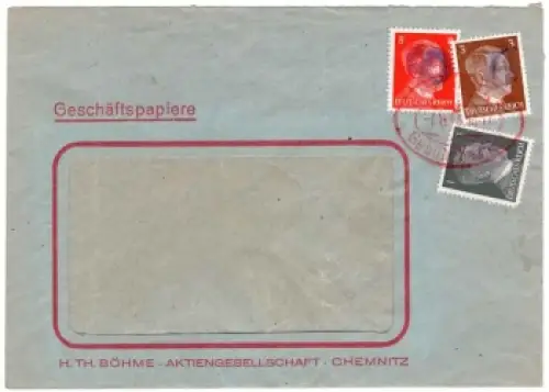 Chemnitz Sächsische Schwärzung 1 3 8 Pfennig Hitler mit rotem Gebühr bezahlt Stempel o Chemnitz 1.8.1945