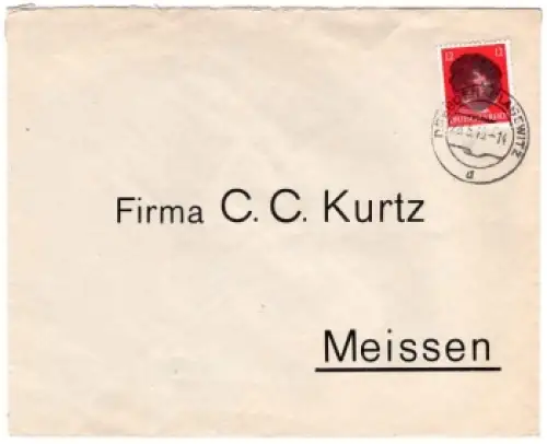 Dresden Sächsische Schwärzung 12 Pfennig Hitler o Dresden-Blasewitz 23.5.1945 nach Meissen