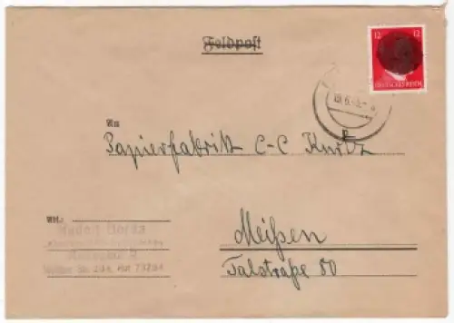 Dresden Sächsische Schwärzung 12 Pfennig Hitler o Radebeul 19.6.1945 nach Meissen