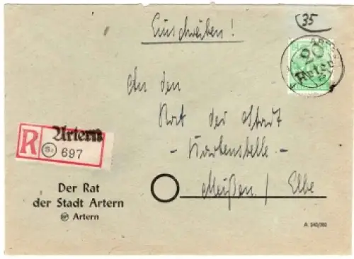 SBZ Michel 181 Bezirkshandstempel 20 Artern auf 84 Pfennig R-Brief o Artern 1948