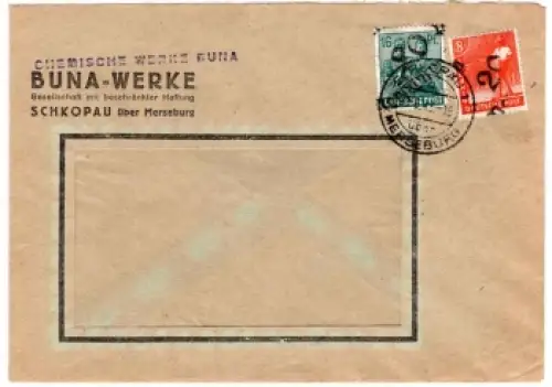 SBZ Michel 168 172 Bezirkshandstempel 20 Mereburg auf 8 + 16 Pfennig Brief o Schkopau 29.6.1948
