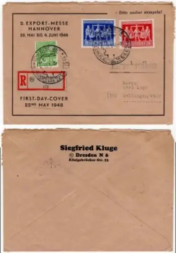 Exportmesse Hannover FDC Erstagsbrief als R-Brief 22.5.1948 nach Mellingen