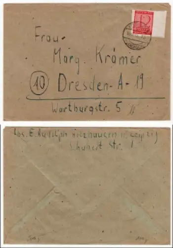 SBZ West-Sachsen Michel 119y Randstück Einzelfrankatur auf Brief o Holzhausen 18.10.1945 nach Dresden