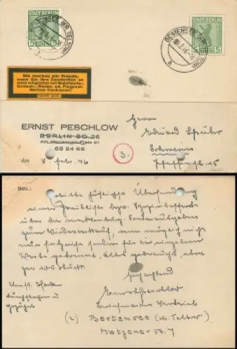 Alliierte Besetzungen 1A und 1B auf Postkarte o Bestensee 8.2.1946 nach Schwerin