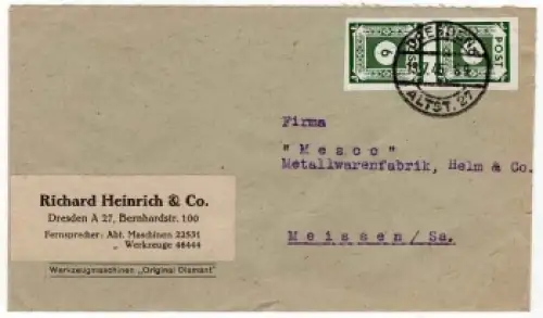 SBZ Ost-Sachsen Michel 2 x 43A senkrechter Streifen auf Brief o Dresden 13.7.1945 nach Meissen