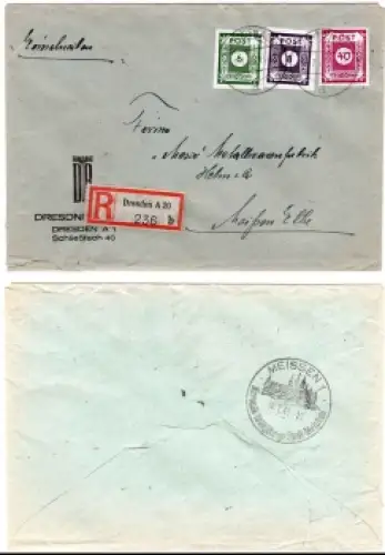 SBZ Ost-Sachsen Michel 43A 44A 50A auf R-Brief o Dresden 13.7.1945 nach Meissen