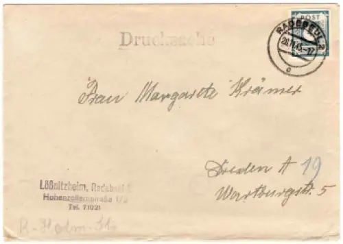 SBZ Ost-Sachsen Michel 53 Drucksache o Radebeul 2 26.11.1945 nach Dresden