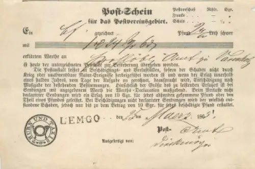 Thurn und Taxis Lemgo Post-Schein 25. März 1865