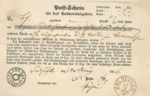 Thurn und Taxis Salzuflen Post-Schein 14. August 1866