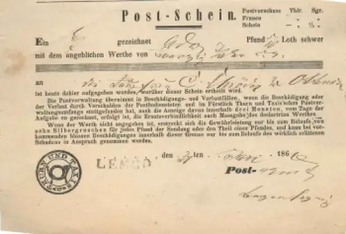 Thurn und Taxis Lemgo Post-Schein 31. Mai 1861