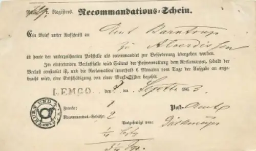 Thurn und Taxis Lemgo Recommandations-Schein 5. September 1863