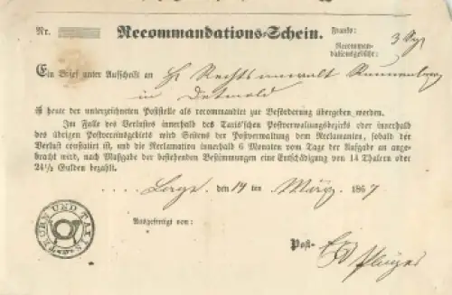 Thurn und Taxis Recommandations-Schein 14 Maerz 1867 nach Detmold