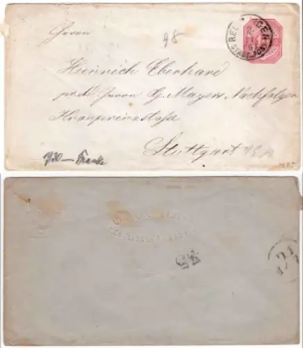 Württemberg  Ganzsachenumschlag 10 Pfennig von Reutlingen Stadt-Post 3.11. um1880 nach Stuttgart