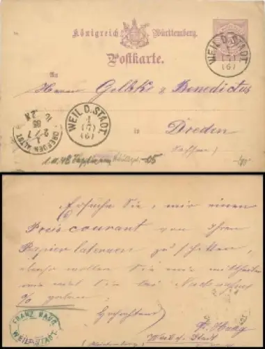 Württemberg Ganzsache 5 Pfennig von Weil der Stadt 1.7.1885 nach Dresden