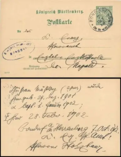 Württemberg Dienst Ganzsache 5 Pfennig von Bondorf 7.10.1912 nach Enzklösterle