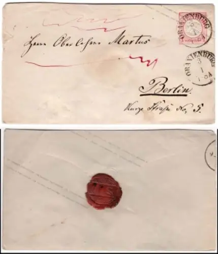 Deutsches Reich Ganzsachenumschlag mit kleinem Brustschild auf Brief von Oranienburg 3.1.1873 nach Berlin