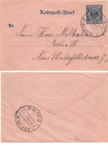 Deutsches Reich Rohrpost Brief 30 Pfennig o Berlin W 7.6.1892