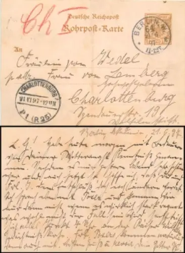 Deutsches Reich Rohrpost Brief 25 Pfennig o Berlin W 21.6.1897 nach Charlottenburg