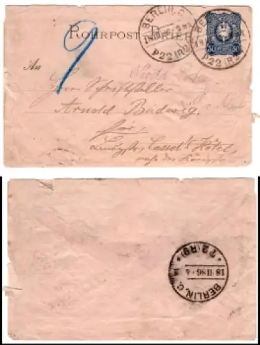 Deutsches Reich Rohrpost Brief 30 Pfennig o Berlin C P22 18.3.1886