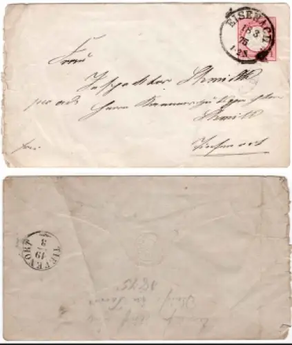 Deutsches Reich Ganzsachenumschlag mit 1 Groschen großem Brustschild von Eisenach 18.3.1875 nach Tiefenort