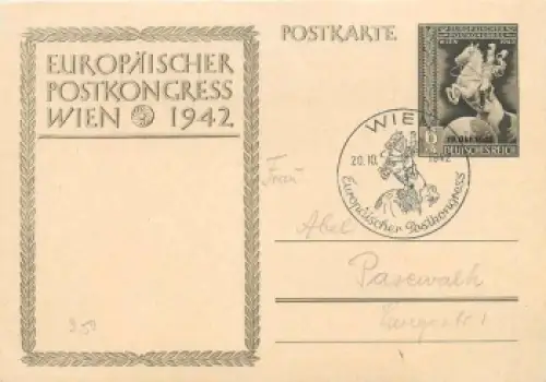 Deutsche Reich Ganzsache Postkongress mit Aufdruck  Sonderstempel Wien 20.10.1942