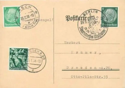 Staatstreffen Mussolini Hitler Sonderstempel Berlin 29.9.1938 Asch wir sind frei
