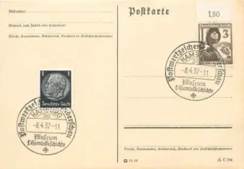 Postwertzeichen Sonderschau Sonderstempel Hamburg 36 8.4.1937