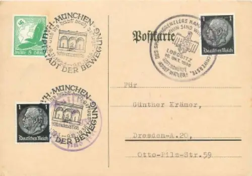 München Hauptstadt der Bewegung und violetter Sonderstempel Ausig wir sind frei 10.10.1938