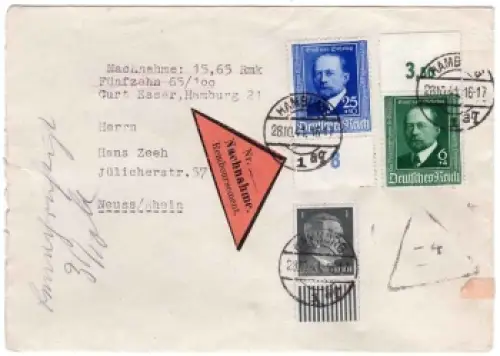 Deutsches Reich Michel 760 761 Emil von Behring auf Nachnahme Brief o Hamburg 28.10.1941