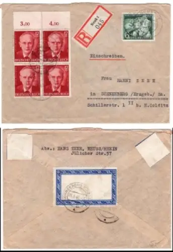 Deutsches Reich Michel 843 und Oberrandviererblock 856 auf R-Brief o Neuss 1 8.8.1943 nach Schneeberg