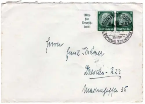 Deutsches Reich Michel W66 A9+516 Zusammendruck "Alles für Deutschland!" o Hohenstein 24.8.1938